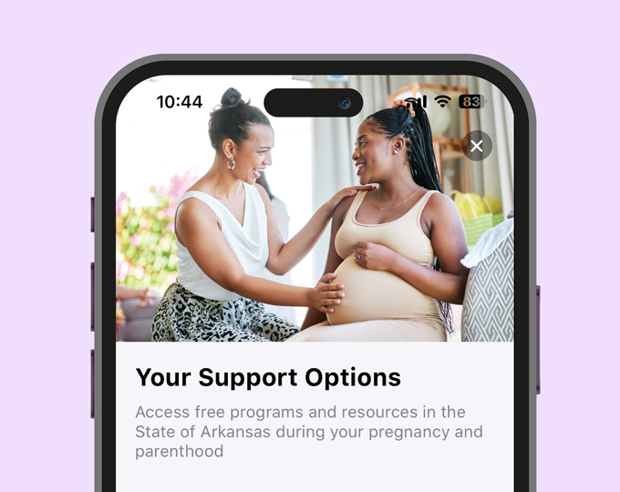 Screenshot of Pregnancy+ app, showing image of pregnant woman and caregiver